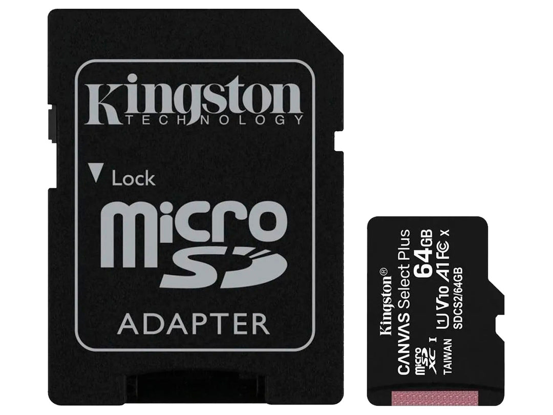 Memoria Micro SD Kingston de 64GB color negro junto a su adaptador SD.