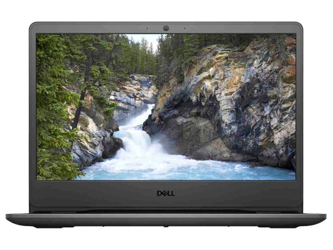 Laptop Dell Vostro color negro con pantalla encendida mostrando un paisaje natural de una cascada.
