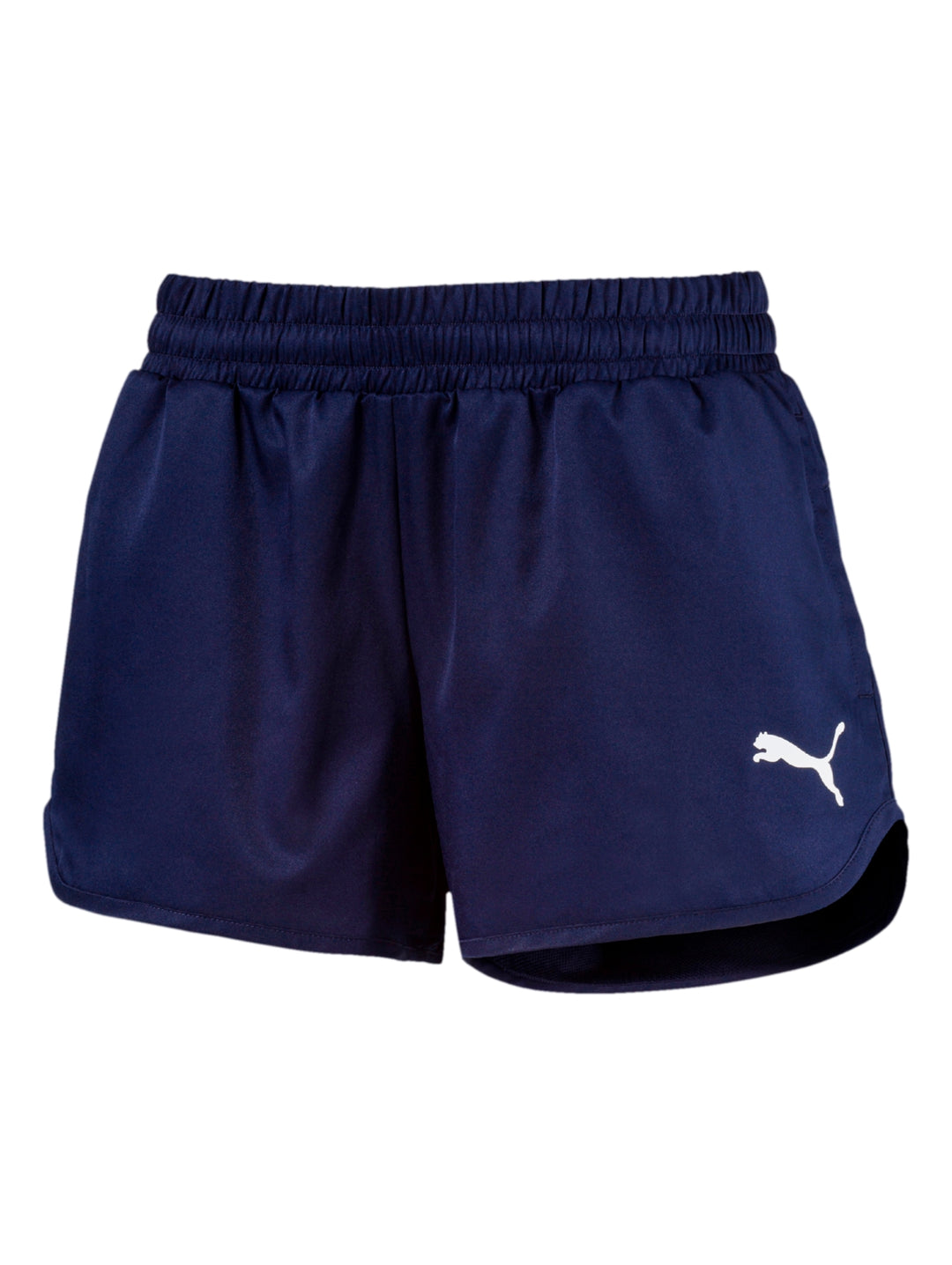 Pantalones cortos deportivos PUMA color azul marino con cintura elástica y logo blanco en la pierna izquierda.
