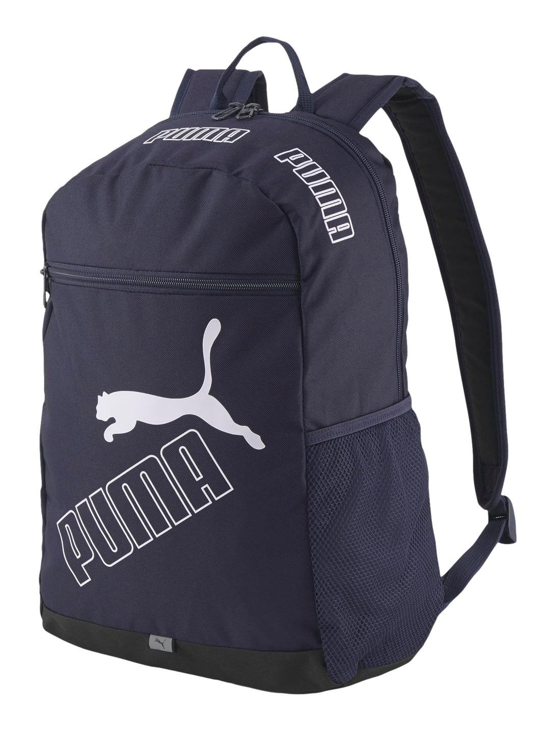 Mochila PUMA Phase color azul marino con logotipos blancos y base negra.