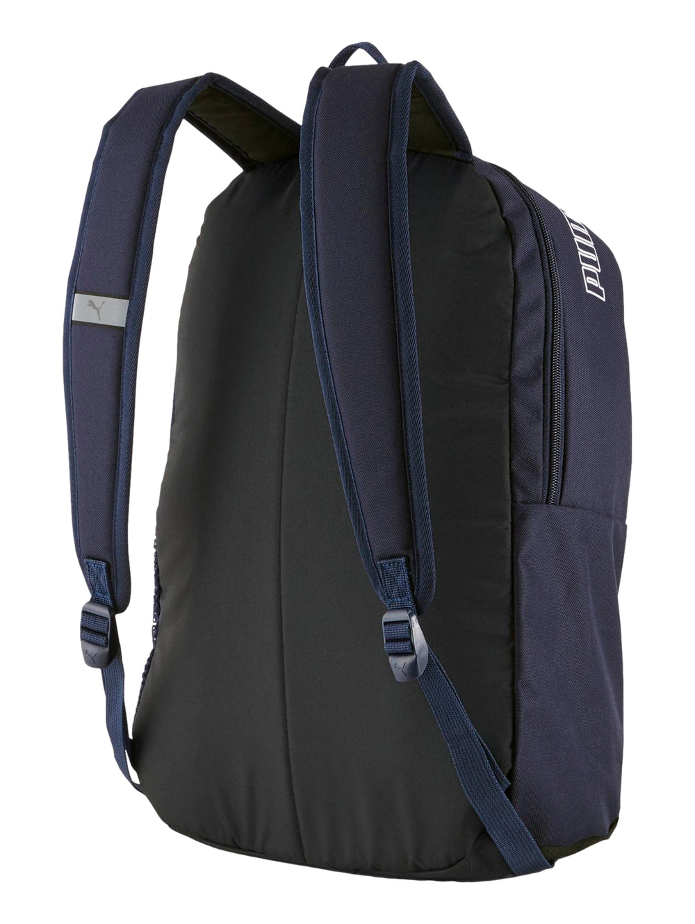 Mochila PUMA Phase color azul marino con logotipos blancos y base negra.