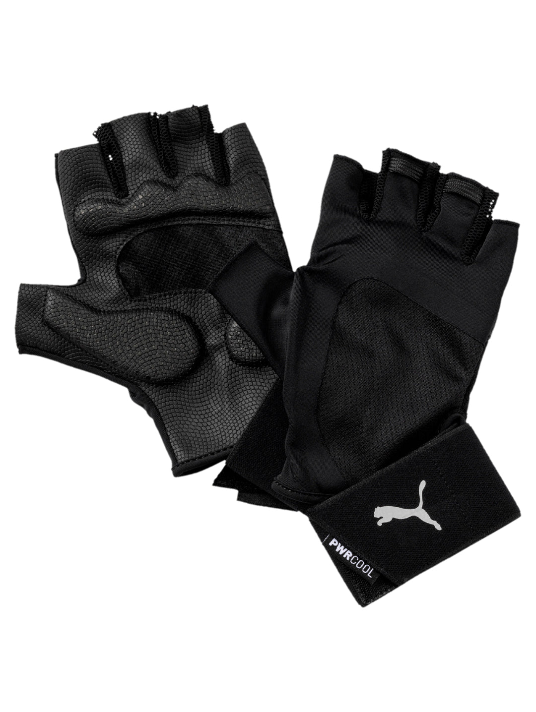Par de guantes deportivos PUMA negros sin dedos con acolchado en la palma.