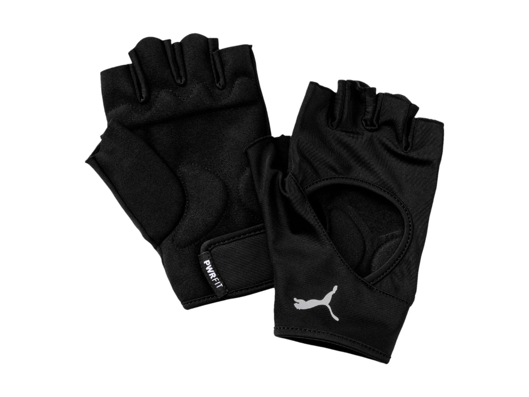 Par de guantes deportivos PUMA color negro, sin dedos y con acolchado en la palma.