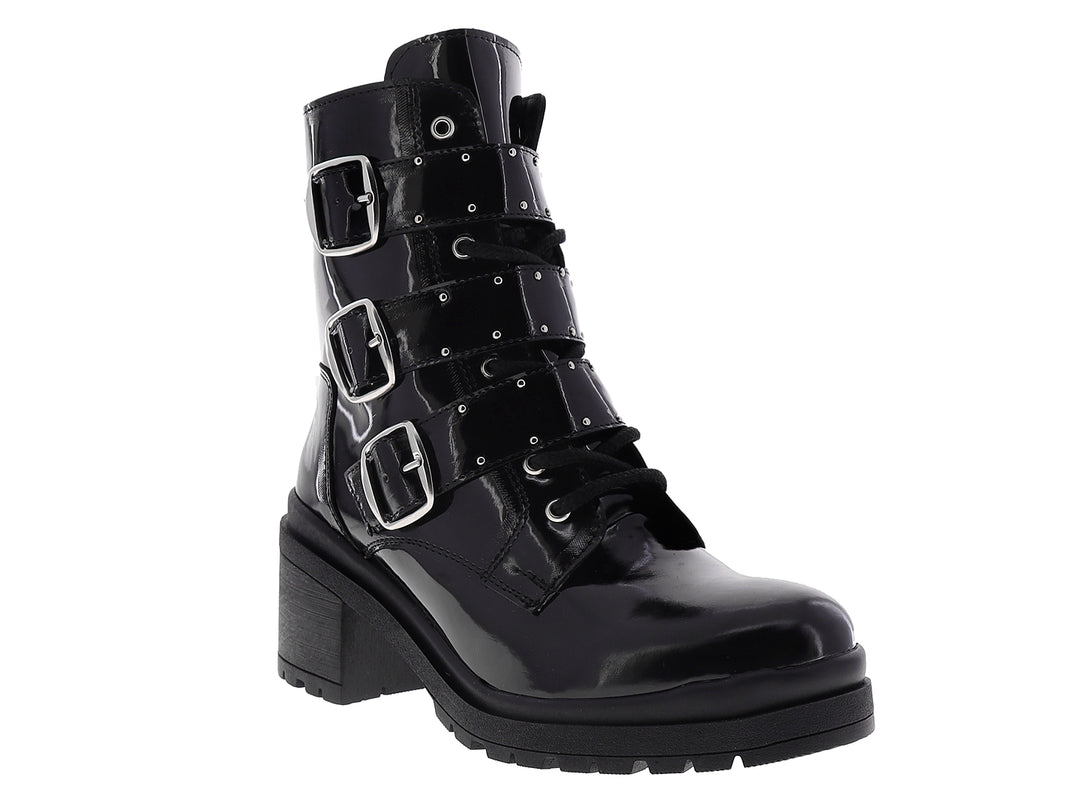 Botines negros de charol para mujer con hebillas laterales, cordones y tacón grueso.