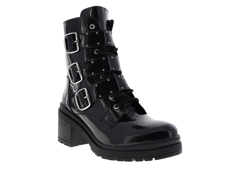 Botines negros de charol para mujer con hebillas laterales, cordones y tacón grueso.