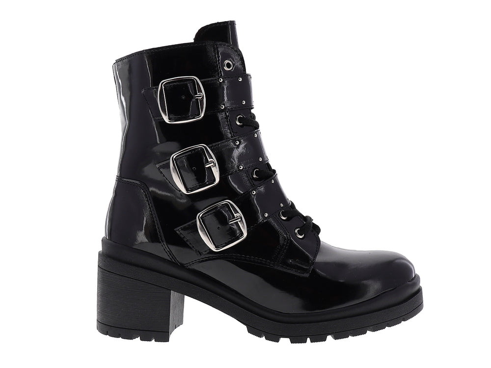 Botines negros de charol para mujer con hebillas laterales, cordones y tacón grueso.