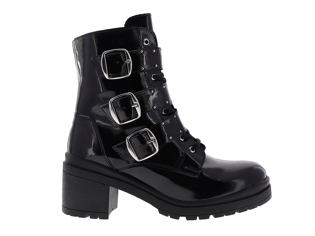 Botines negros de charol para mujer con hebillas laterales, cordones y tacón grueso.