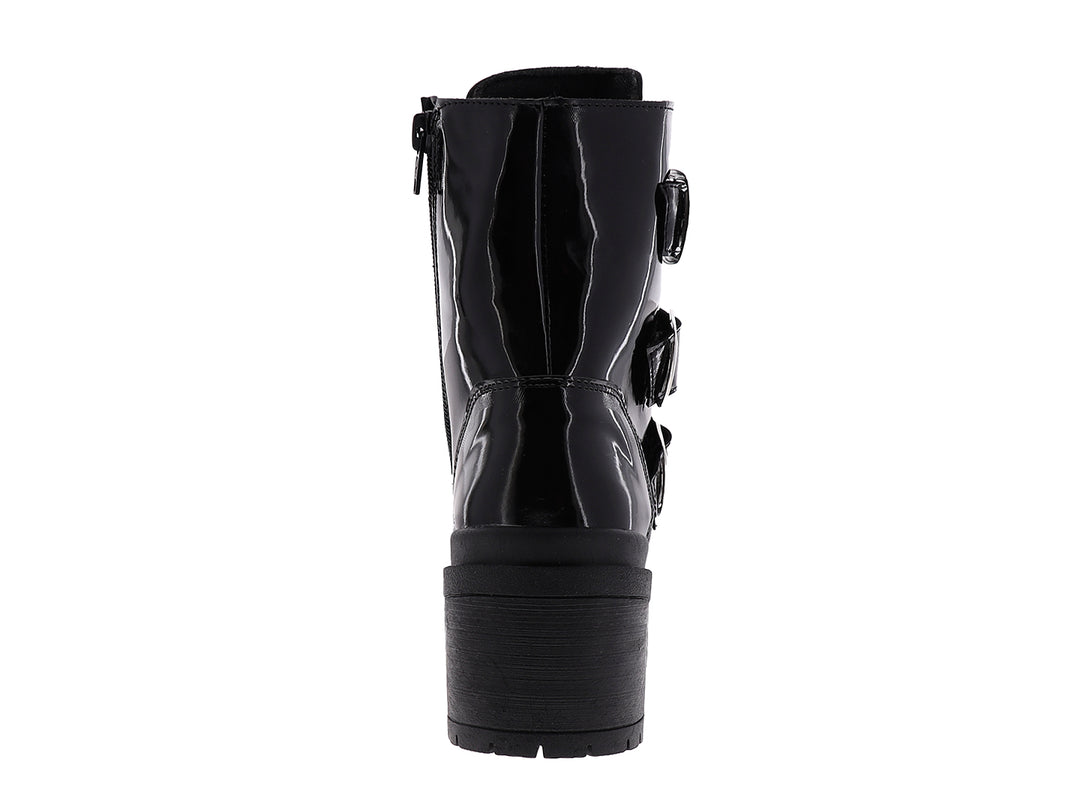 Botines negros de charol para mujer con hebillas laterales, cordones y tacón grueso.