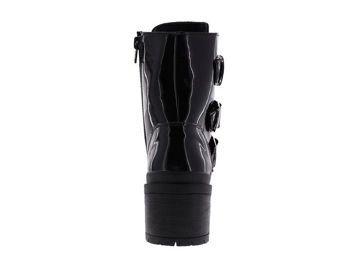 Botines negros de charol para mujer con hebillas laterales, cordones y tacón grueso.