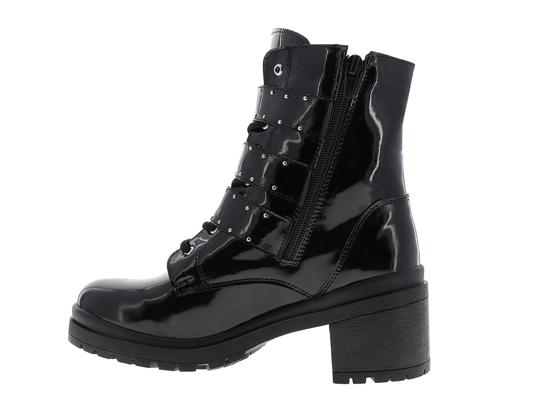 Botines negros de charol para mujer con hebillas laterales, cordones y tacón grueso.