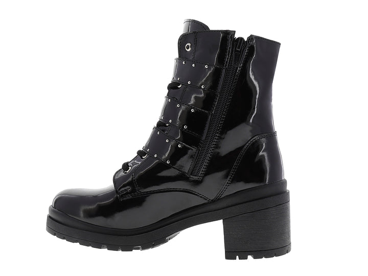 Botines negros de charol para mujer con hebillas laterales, cordones y tacón grueso.
