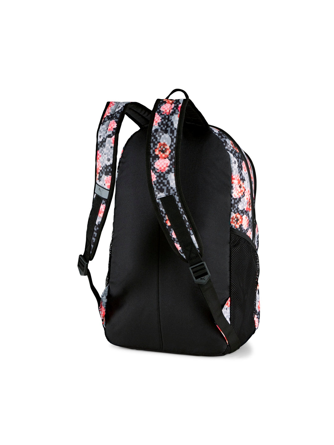 Mochila PUMA Academy con estampado floral en colores gris y rojo sobre fondo oscuro.