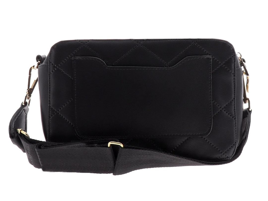 Bolsa de hombro Ferretina color negro con diseño acanalado en forma de rombos y detalle metálico dorado al frente.