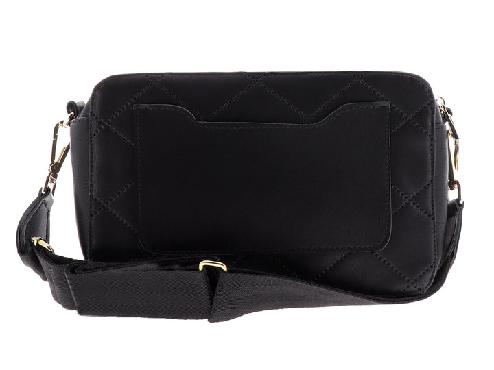 Bolsa de hombro Ferretina color negro con diseño acanalado en forma de rombos y detalle metálico dorado al frente.