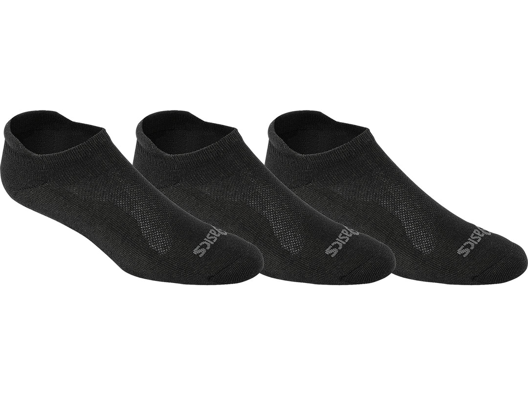 Tres calcetines deportivos Asics Cushion Low en color negro.