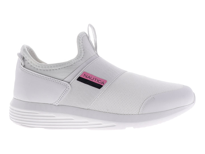 Tenis deportivos Nautica color blanco con detalle en rosa, estilo slip-on.