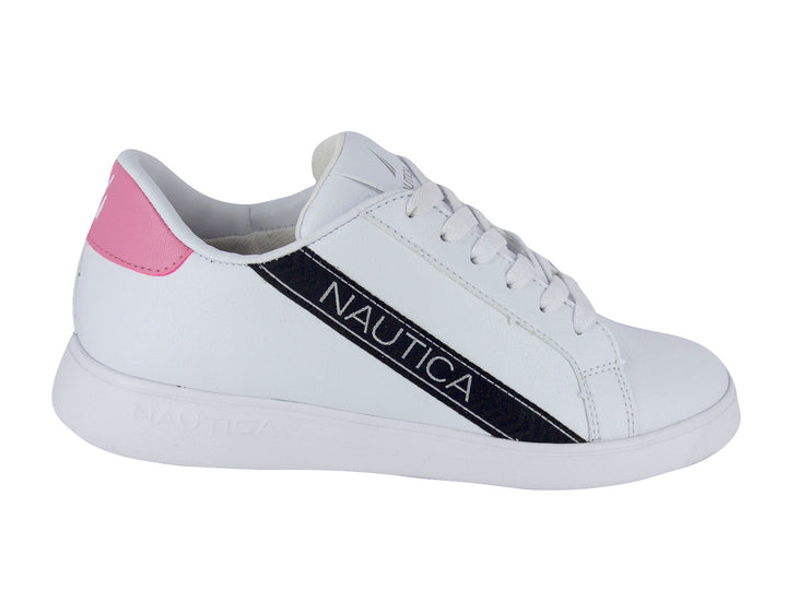 Tenis blancos Nautica con detalles en rosa y negro, diseño casual de perfil bajo para mujer.