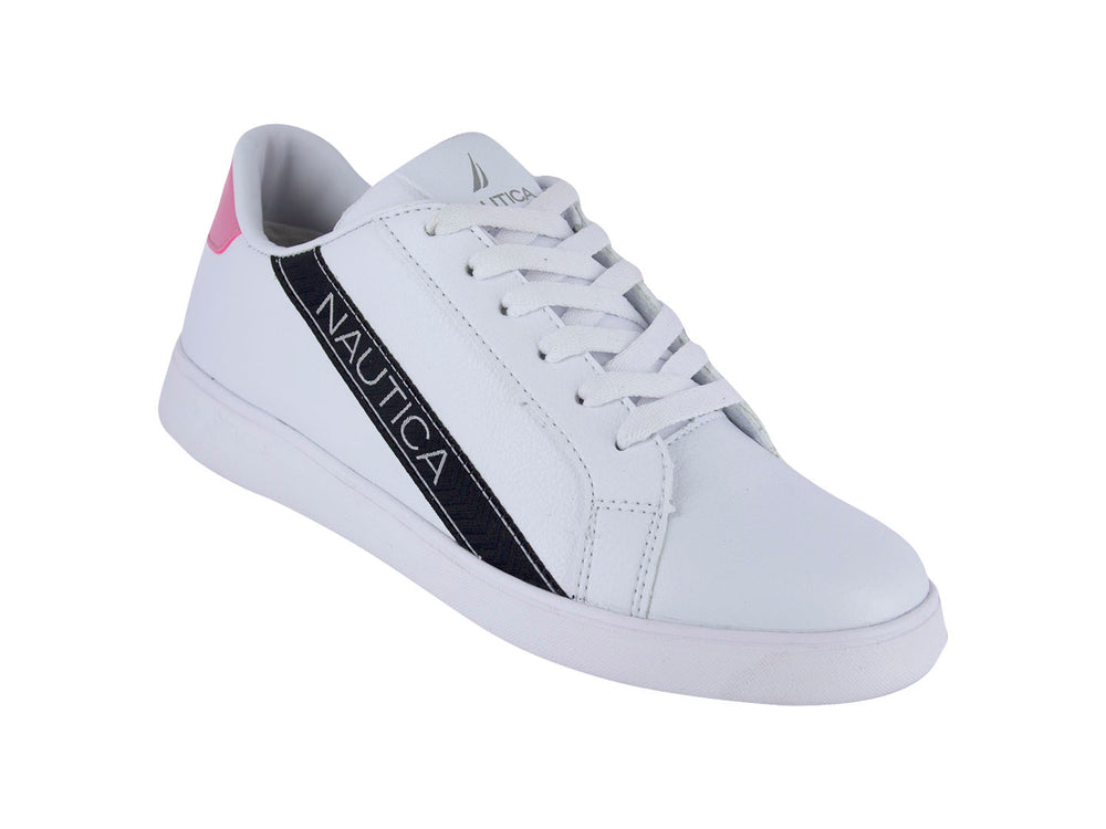 Tenis blancos Nautica con detalles en rosa y negro, diseño casual de perfil bajo para mujer.