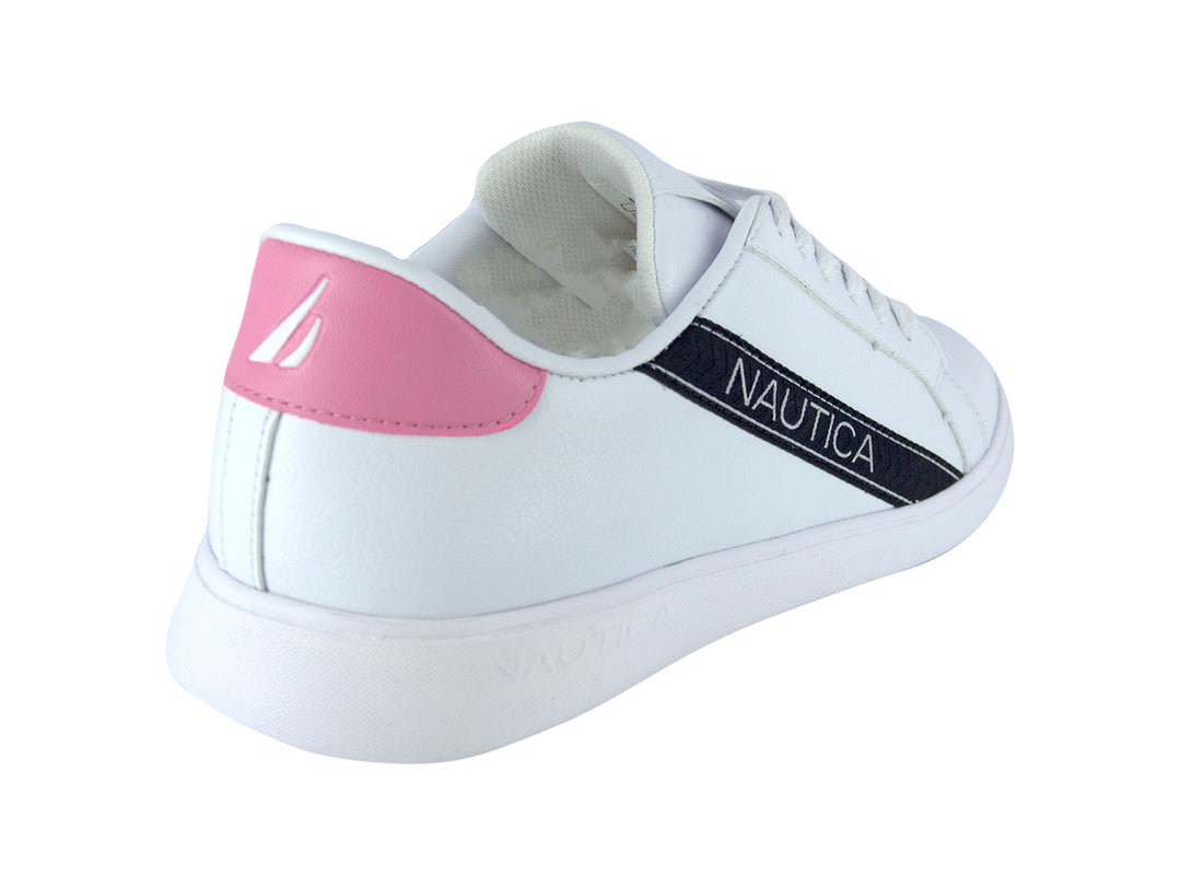 Tenis blancos Nautica con detalles en rosa y negro, diseño casual de perfil bajo para mujer.