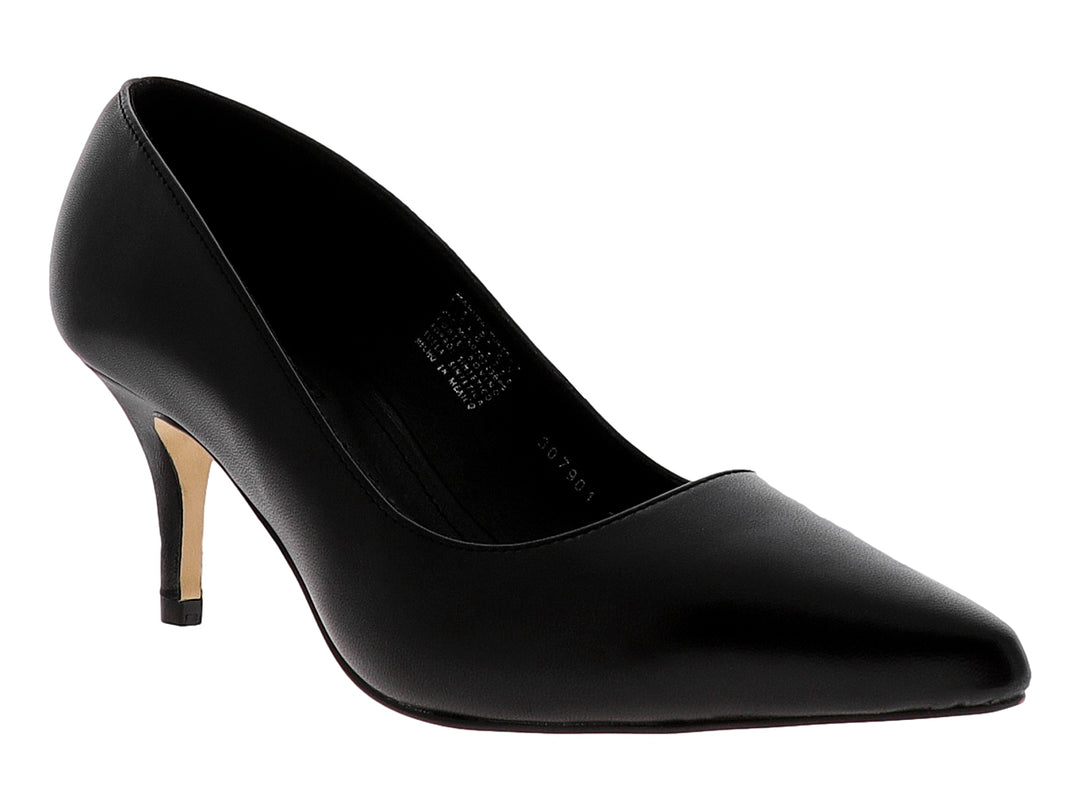 Zapato de tacón alto color negro con punta fina y acabado liso para mujer.