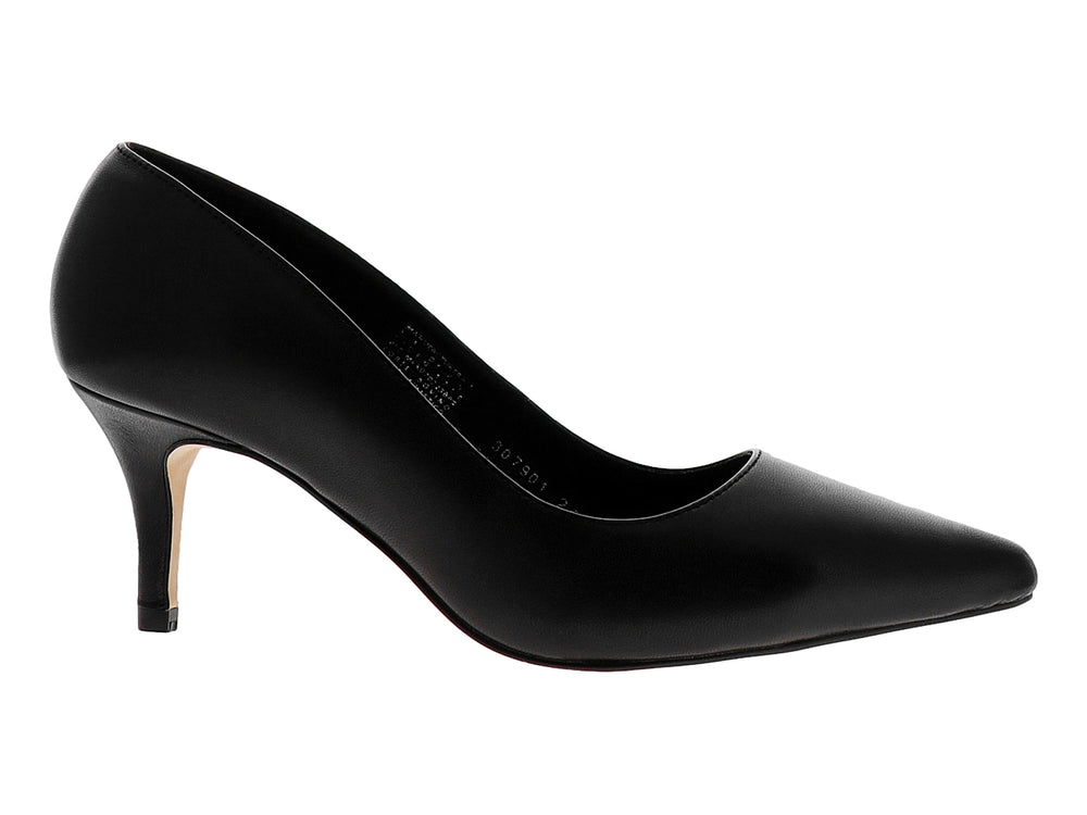 Zapato de tacón alto color negro con punta fina y acabado liso para mujer.