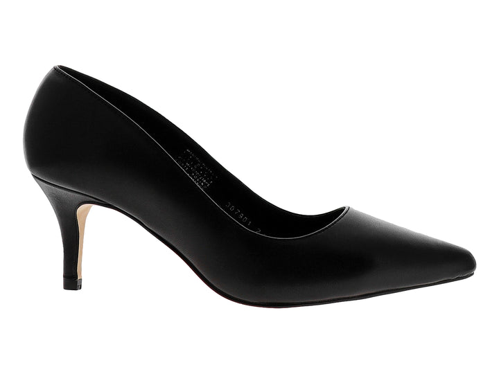 Zapato de tacón alto color negro con punta fina y acabado liso para mujer.