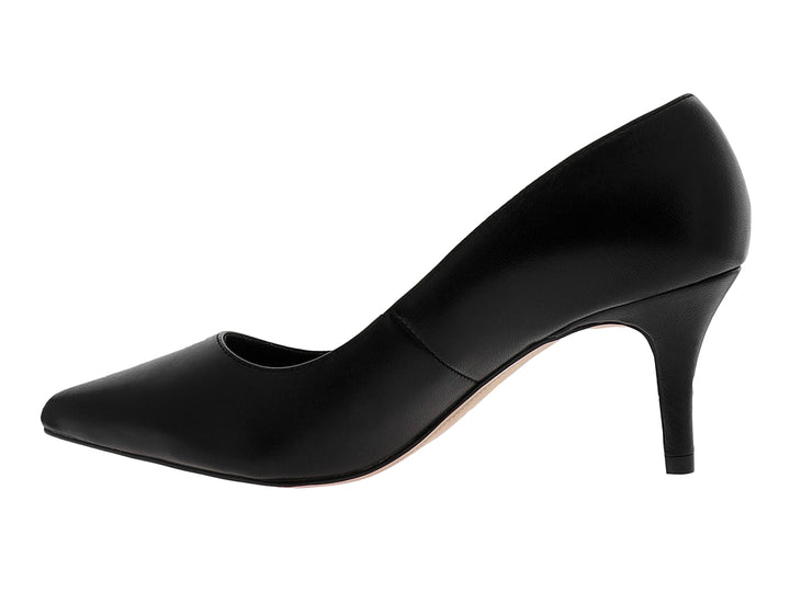 Zapato de tacón alto color negro con punta fina y acabado liso para mujer.