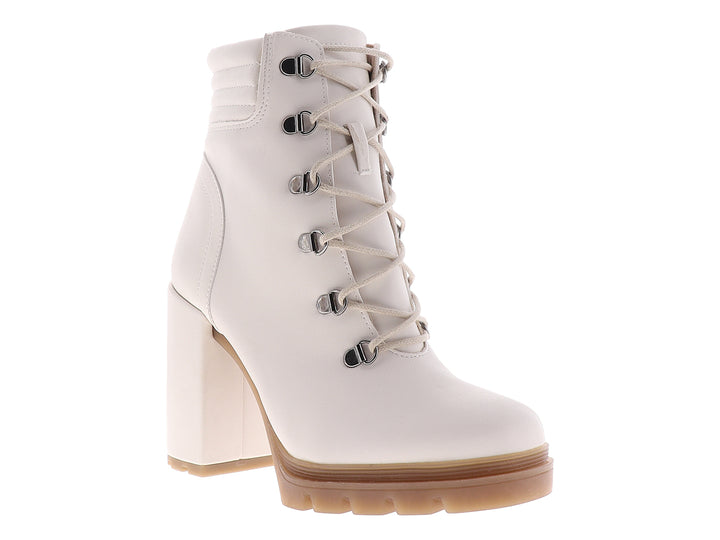 Botines color beige para mujer con tacón cuadrado, plataforma y cordones frontales.