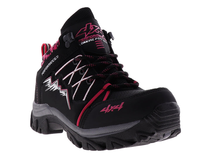 Botas deportivas 4X4 color negro con detalles en fucsia y gris, diseñadas para senderismo.
