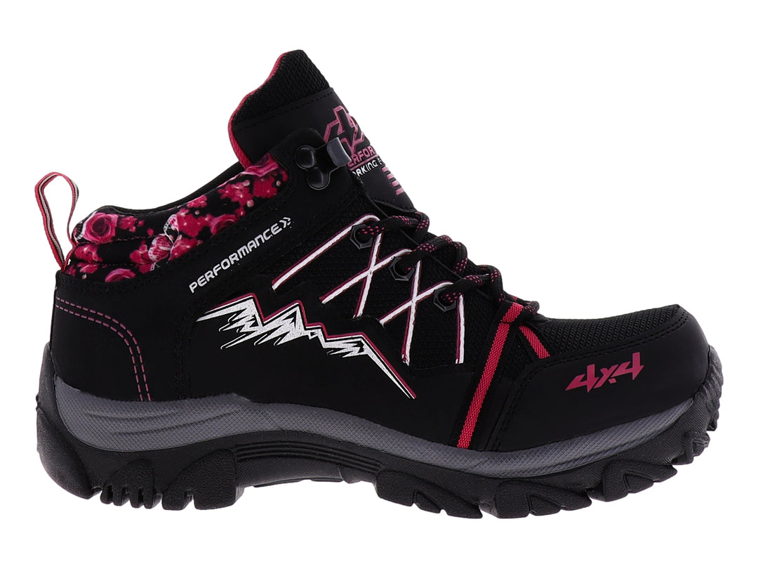 Botas deportivas 4X4 color negro con detalles en fucsia y gris, diseñadas para senderismo.