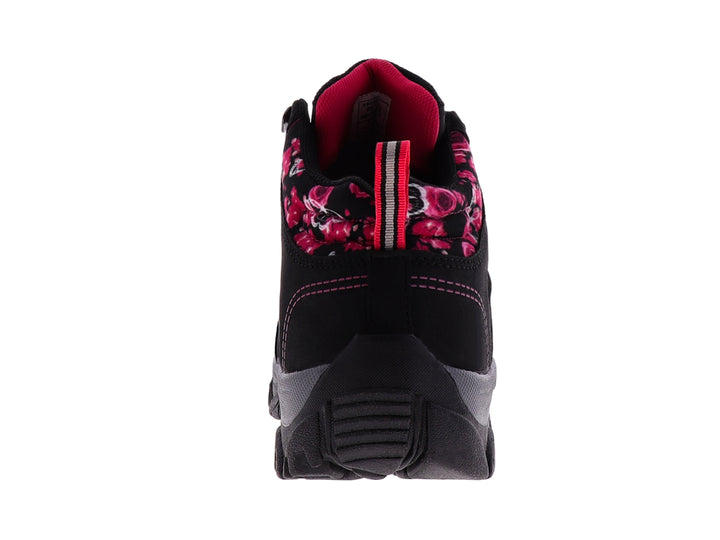 Botas deportivas 4X4 color negro con detalles en fucsia y gris, diseñadas para senderismo.