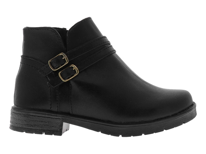 Botas negras de caña corta para niño con dos hebillas doradas decorativas y suela gruesa.