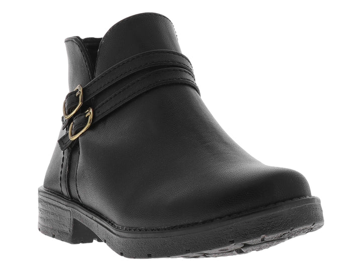 Botas negras de caña corta para niño con dos hebillas doradas decorativas y suela gruesa.