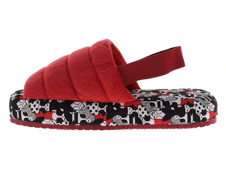 Pantuflas rojas para mujer con estampado en blanco y negro y suela roja.