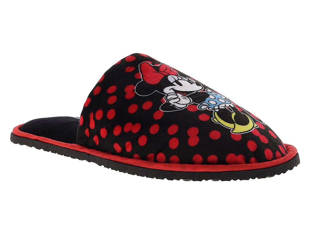 Pantuflas negras con lunares rojos y estampado de Minnie Mouse para mujer.