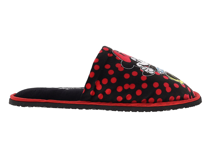 Pantuflas negras con lunares rojos y estampado de Minnie Mouse para mujer.