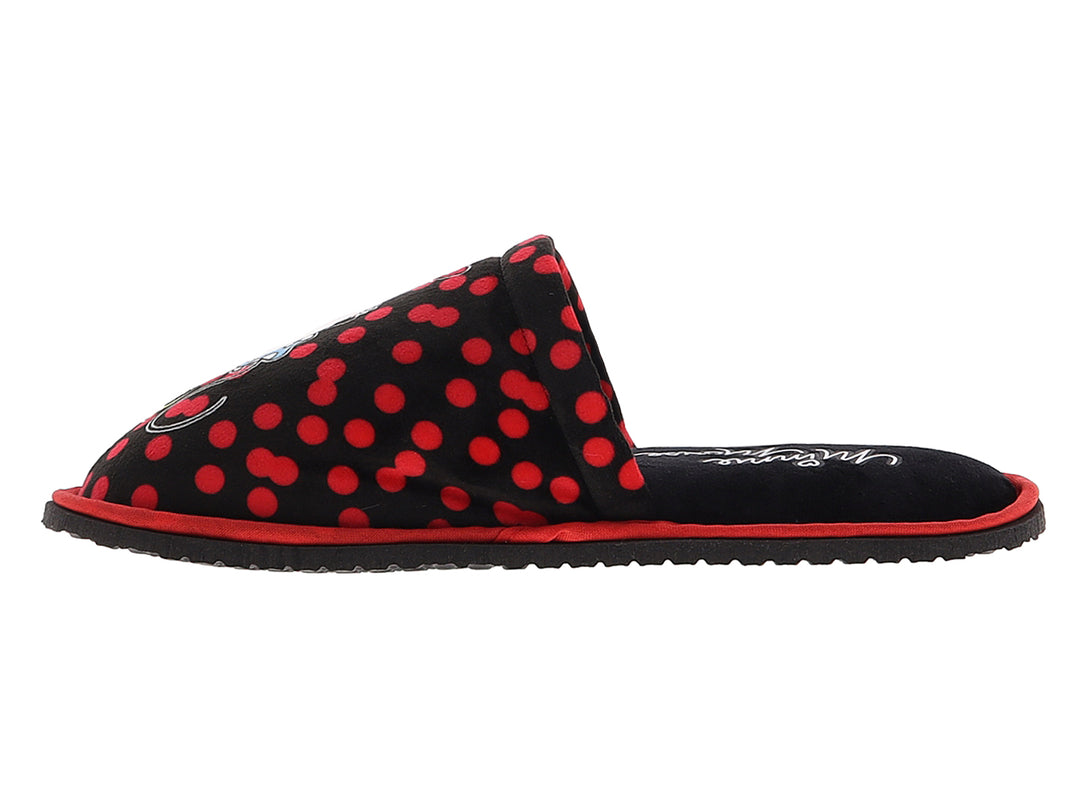 Pantuflas negras con lunares rojos y estampado de Minnie Mouse para mujer.