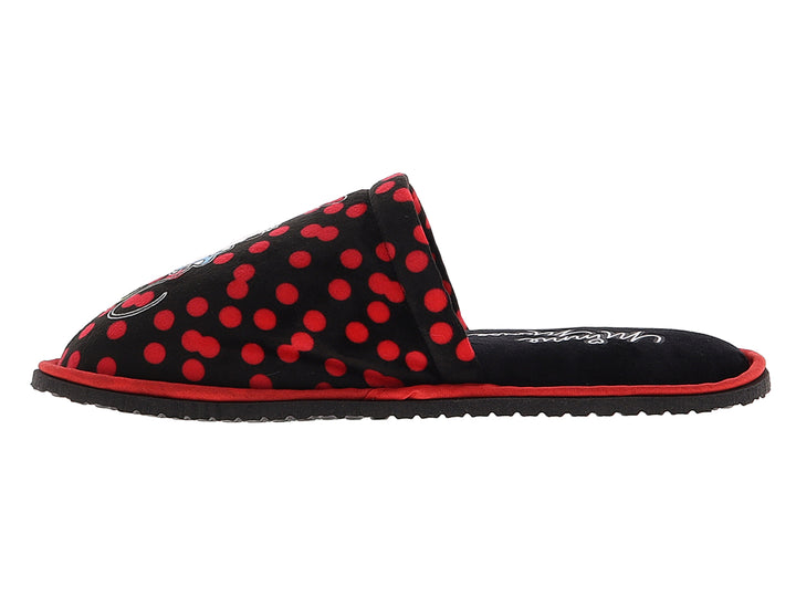 Pantuflas negras con lunares rojos y estampado de Minnie Mouse para mujer.