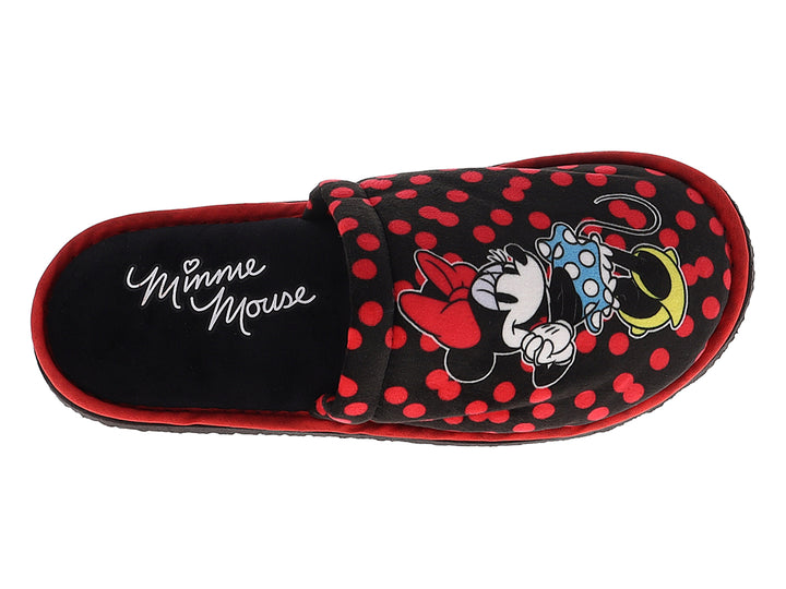 Pantuflas negras con lunares rojos y estampado de Minnie Mouse para mujer.