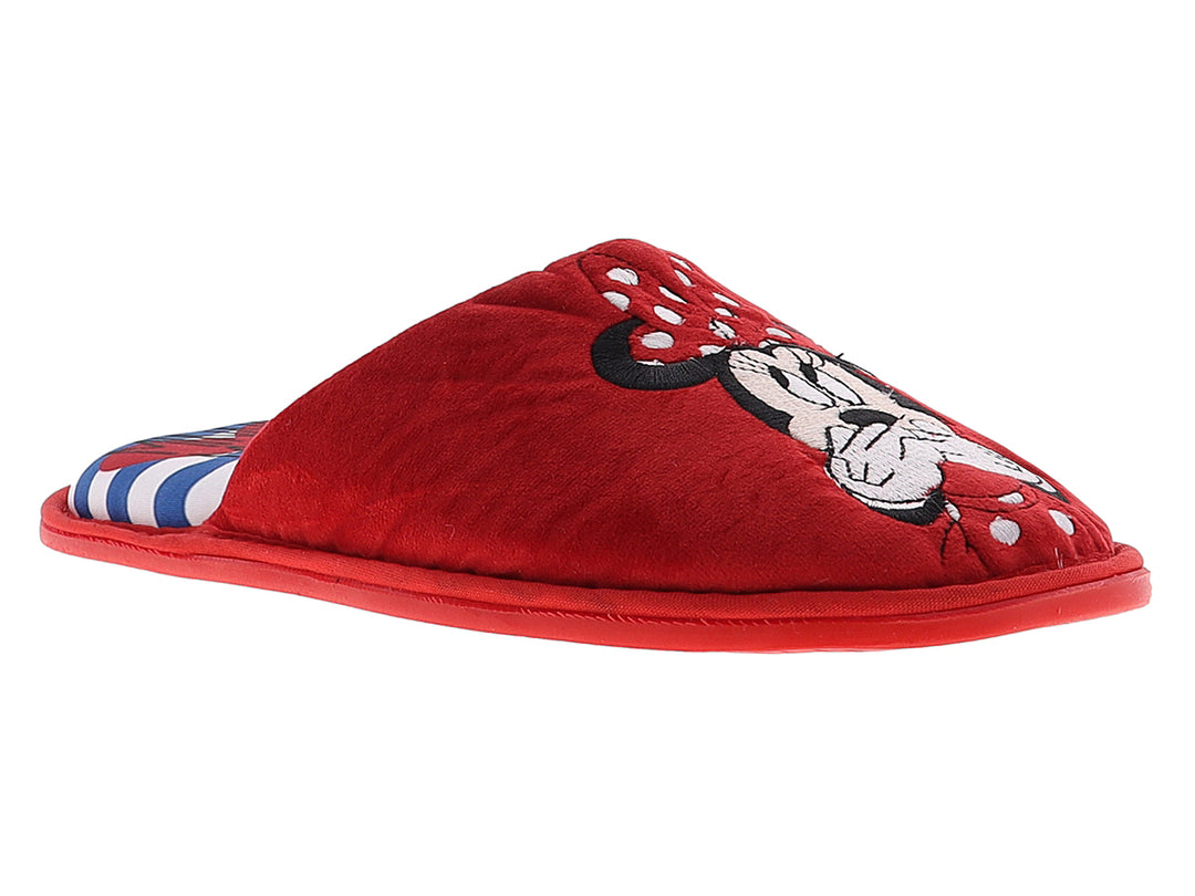Pantuflas rojas de Minnie Mouse para mujer con diseño de peluche y suela plana.