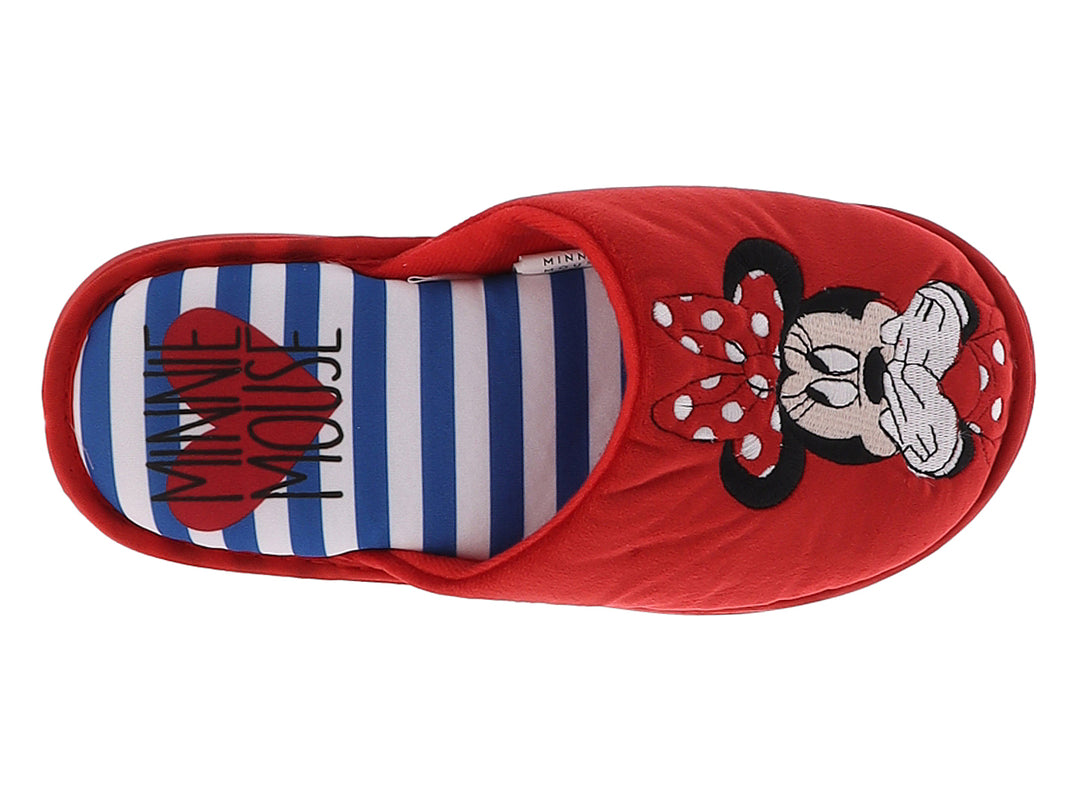 Pantuflas rojas de Minnie Mouse para mujer con diseño de peluche y suela plana.