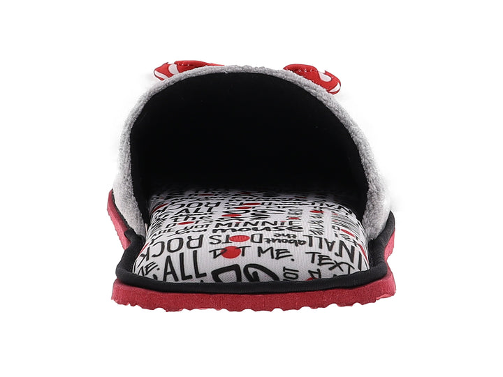 Pantuflas grises para mujer con suela roja y moños decorativos rojos con puntos blancos.
