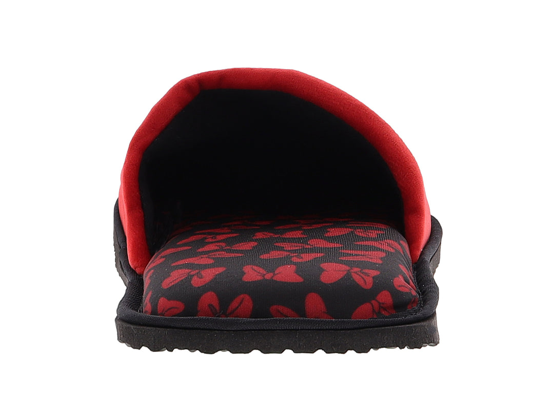 Pantuflas rojas de tela para mujer con detalles en negro y diseño de Minnie Mouse.
