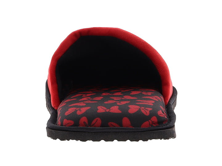 Pantuflas rojas de tela para mujer con detalles en negro y diseño de Minnie Mouse.