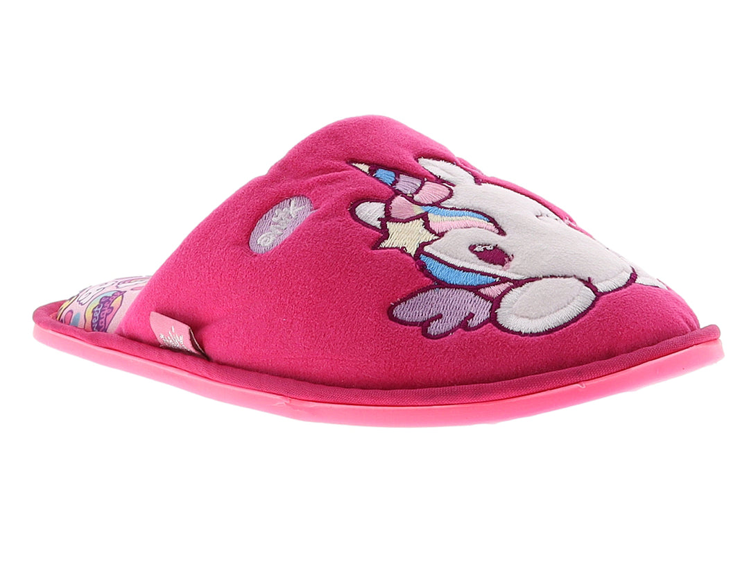 Pantufla color fucsia con diseño de cara de unicornio para mujer.