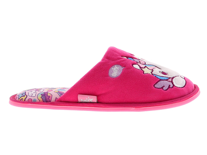 Pantufla color fucsia con diseño de cara de unicornio para mujer.