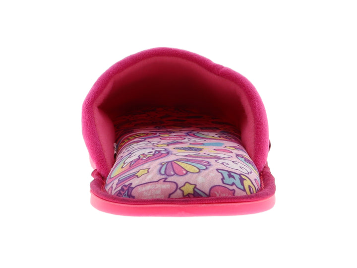 Pantufla color fucsia con diseño de cara de unicornio para mujer.
