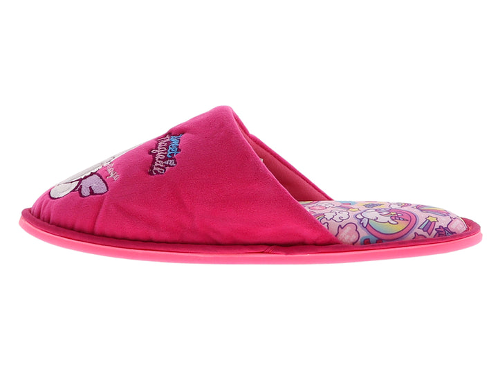Pantufla color fucsia con diseño de cara de unicornio para mujer.