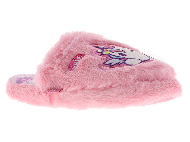 Pantufla rosa de peluche con diseño de unicornio para niña.