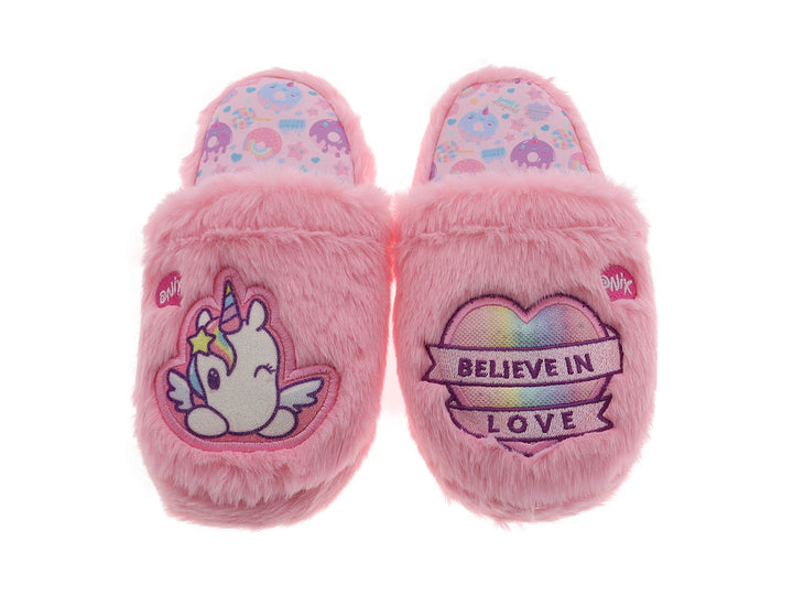 Pantufla rosa de peluche con diseño de unicornio para niña.